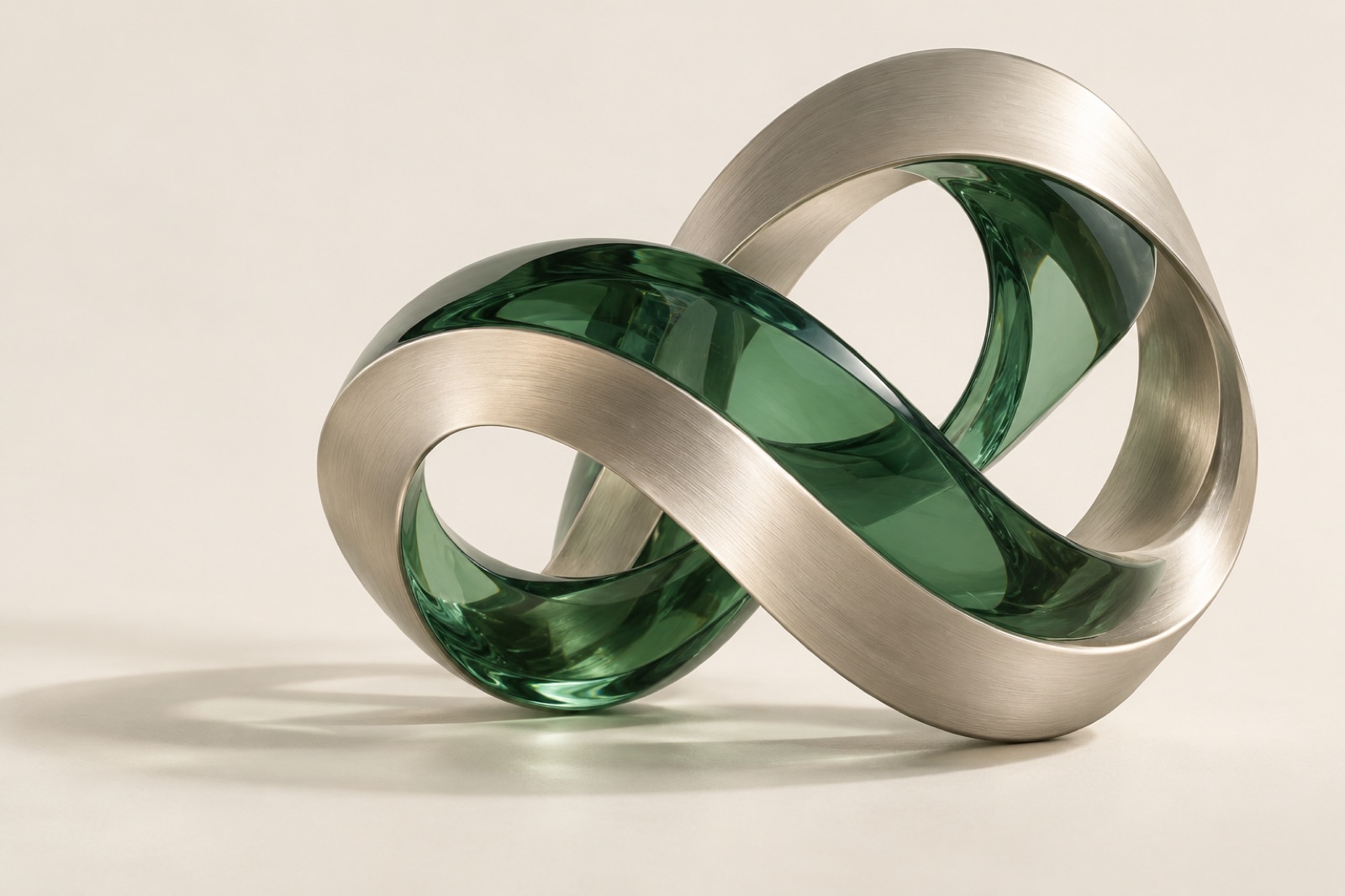 Emerald glass and metal forms joined in a continuous sculpture